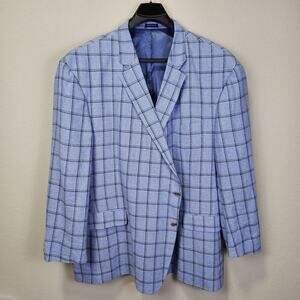 Stafford Windowpane Sport Coat Mens 58L Linen Blend Big Tall Blazer Jacket Blue